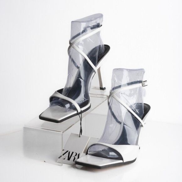 Zara Womens White Faux Leather Sandals Heels asymmetric strap US 7.5 EU 38 NWT - Picture 1 of 8